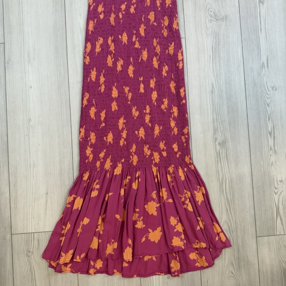 By Anthropologie XS Off-The-Shoulder Smocked Midi Dress Pink Orange Floral - Picture 4 of 13